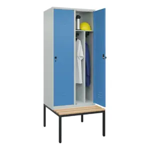 Umkleidespind mit Trennwand und untergebauter Sitzbank